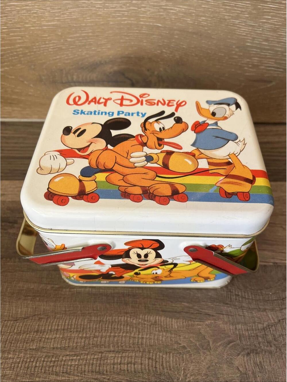 Mickey Mouse Walt Disney Skating Party Tin Double Handle Lunch Box Tin Vintage